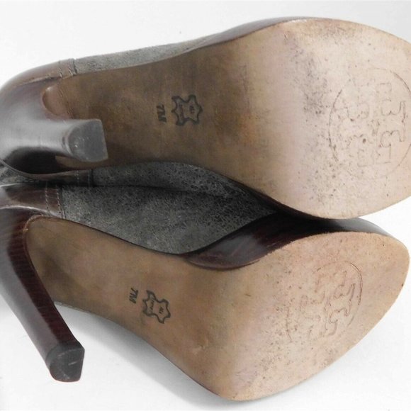 Tory Burch Lawson Bootie Pewter Brown‎ Leather Platform Stiletto Ankle Boots 7 M - Picture 6 of 7